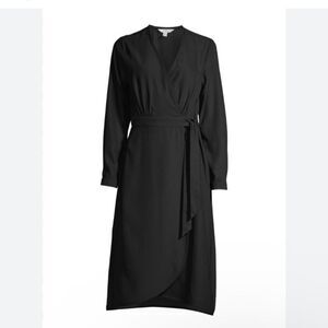 Women's Black Long Sleeve Faux Wrap Midi Dress Small